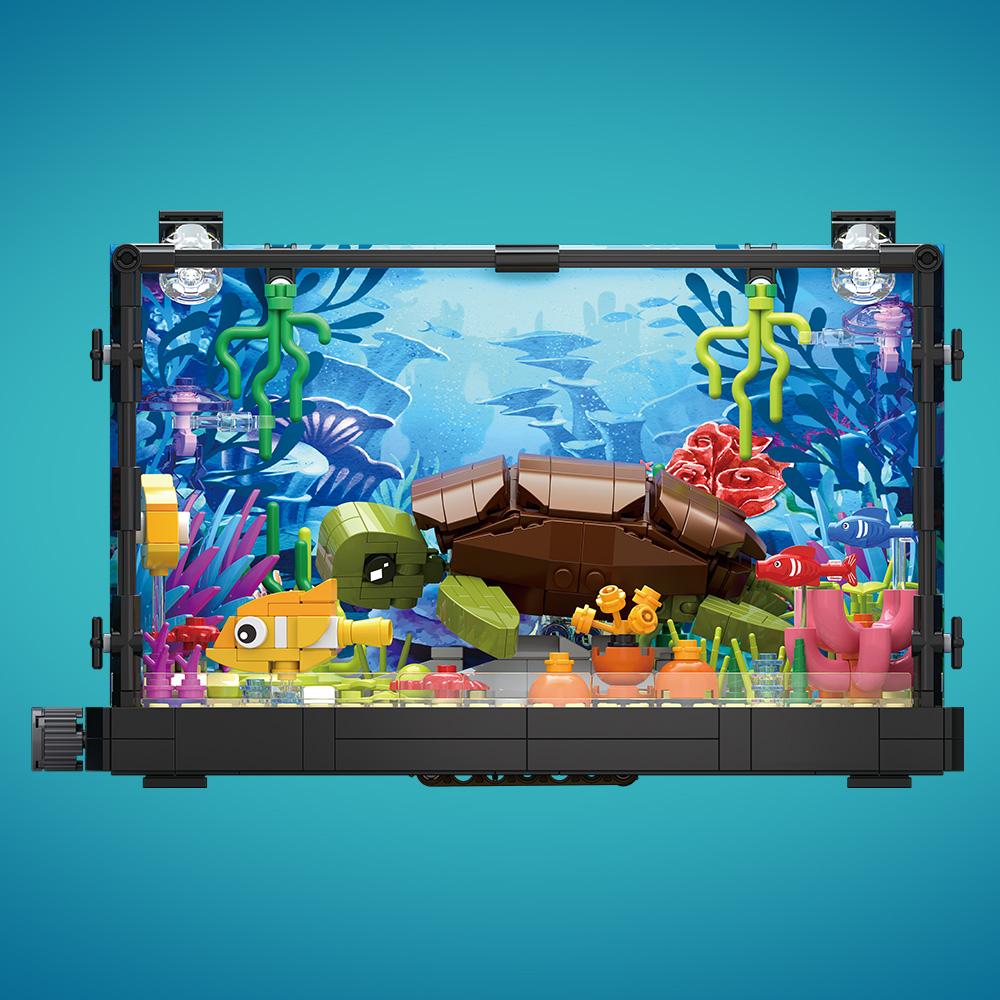 Idea Fish Tank Building Block Set with Light Aquarium Marine Life Jellyfish and Turtle Ecological Tank Toys for Boys and Girl