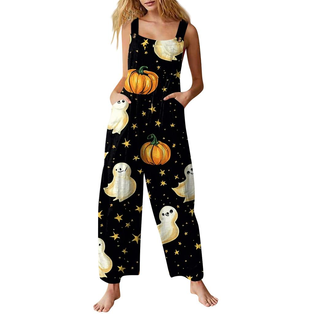 Women's Casual Jumpsuit Sleeveless Halloween Printed Cotton Jumpsuit