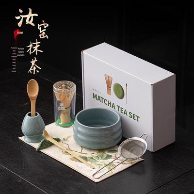 Japanese Ceramic Matcha Tea Set: Large Bowl, Whisk, Sieve, and Bamboo Whisk - 8 Pieces