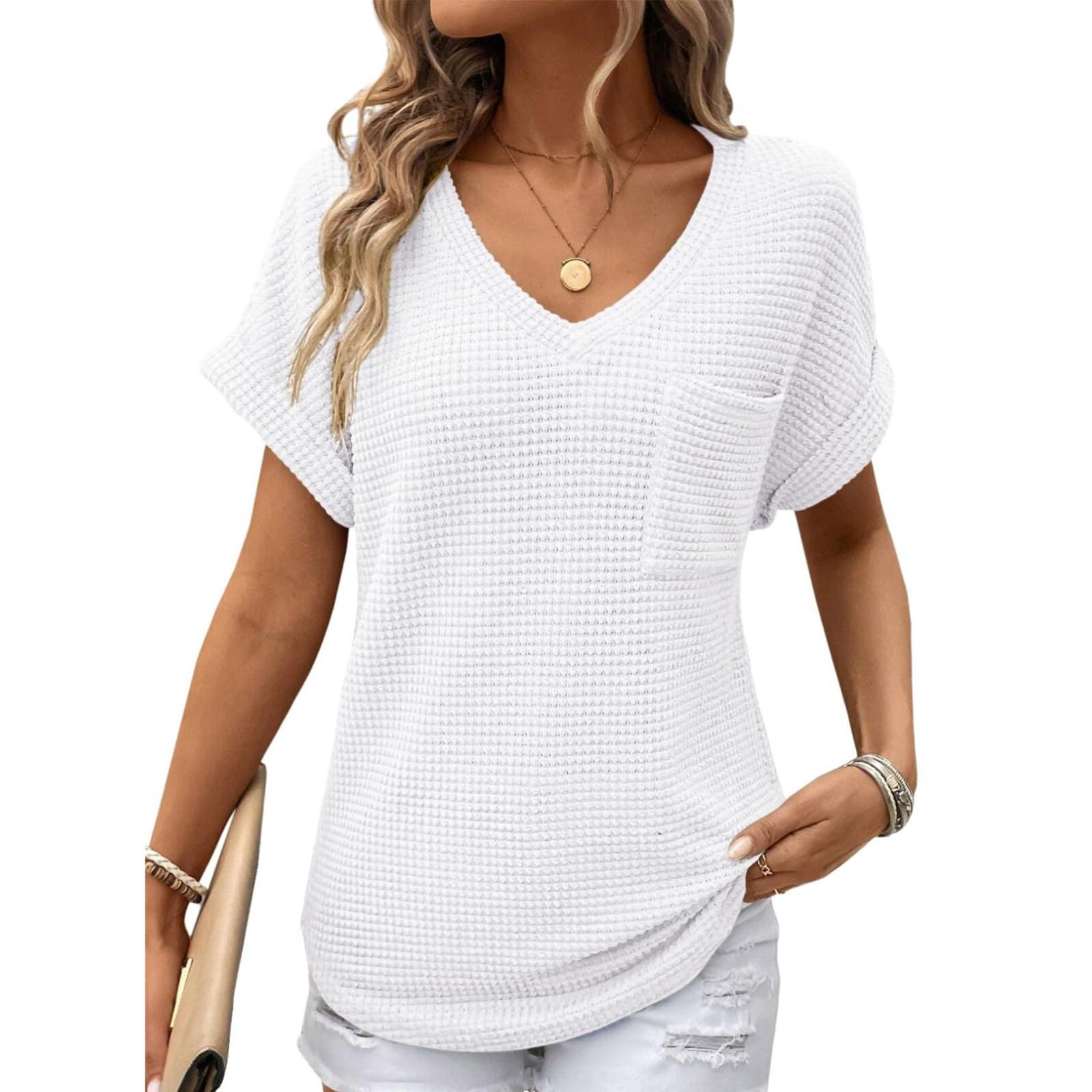 Amazon 2026 Independent Station Women s V-Neck Summer Waffle Pocket Short Sleeve T-Shirt 2026 Summer New S