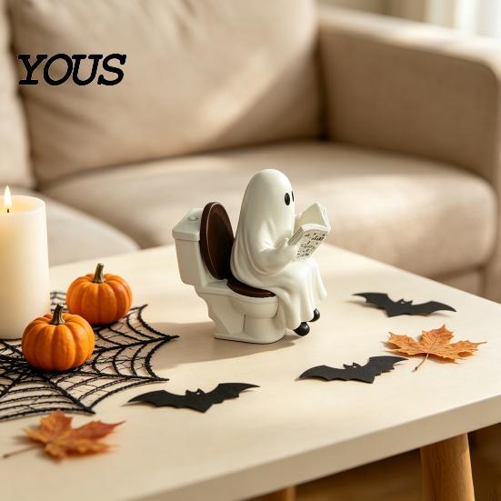 Gruselige Kamindekoration Niedliche Halloween-Geisterfigur, Lesender auf der Toilette Harzstatue, Lustiges Badezimmerornament für mehrstöckige Ablage Tischplatte Schreibtisch