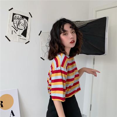 Neues Sommer Damen Locker Einfach Gestreift Koreanisches Kurzarm T-Shirt Studenten Top Basisshirt