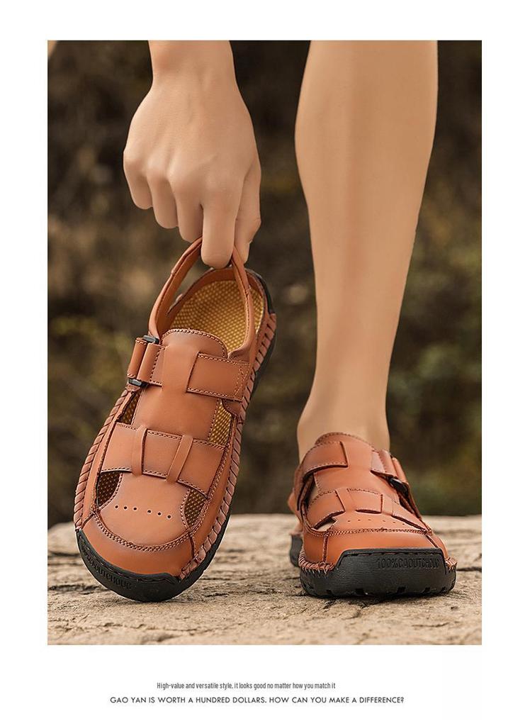 Men's Hand-Stitched Cowhide Leather Sandals with Soft Sole, Large Size Beach Shoes