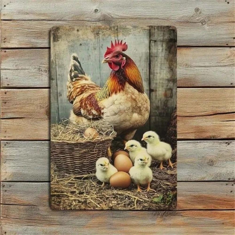 Metal Poster Rooster for Kitchen Wall, Vintage Farmhouse Tin Decoration 8x12 Inch