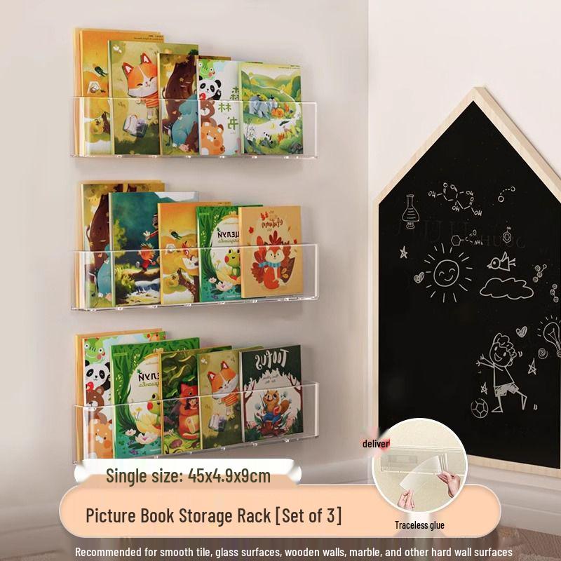 Wall-Mounted Children's Transparent Bookshelf: Punch-Free Storage Rack for Books