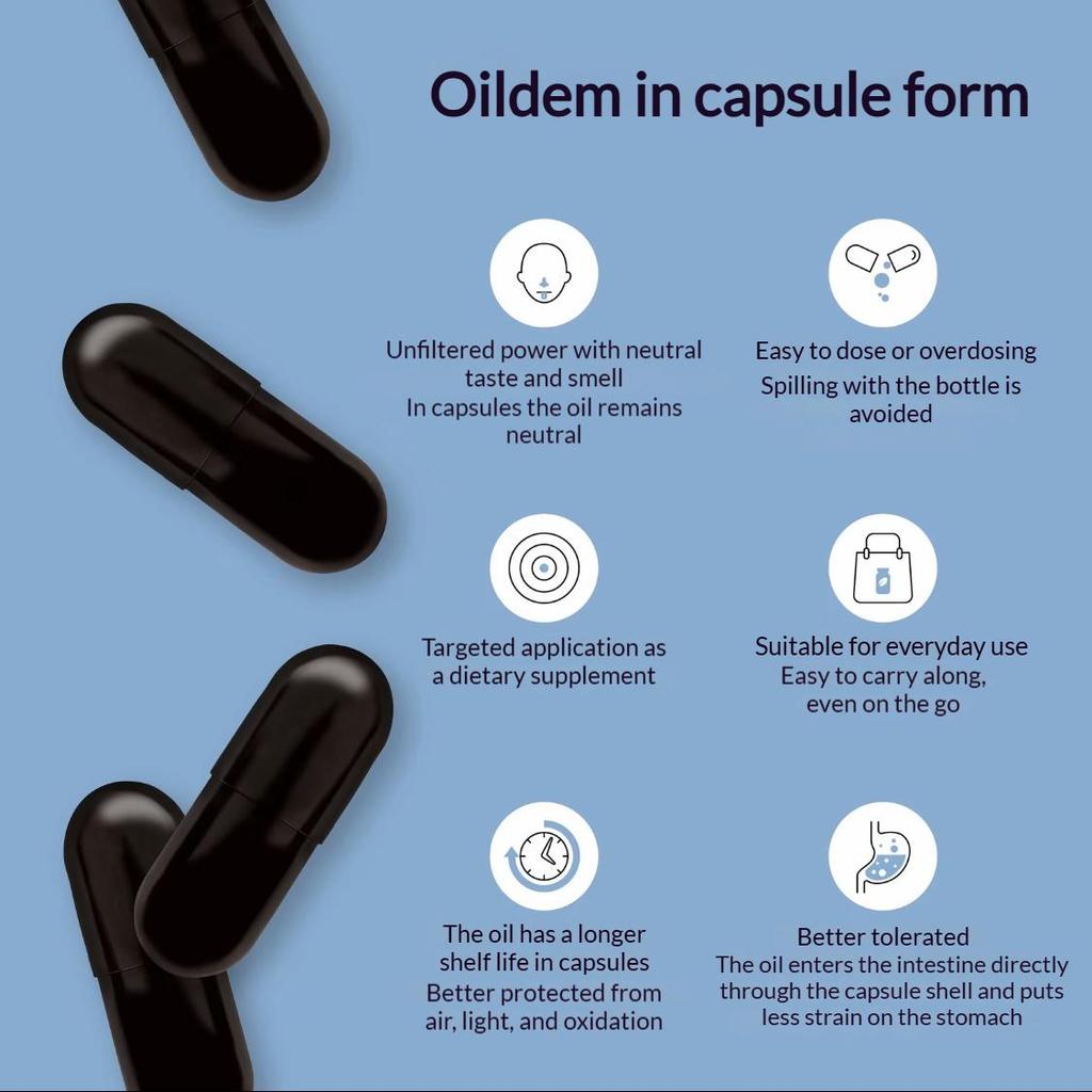 קפסולות שמן זרעי שחור אורגני Oildem טבעוניות (לא מסונן), (ללא עיבוד חום)