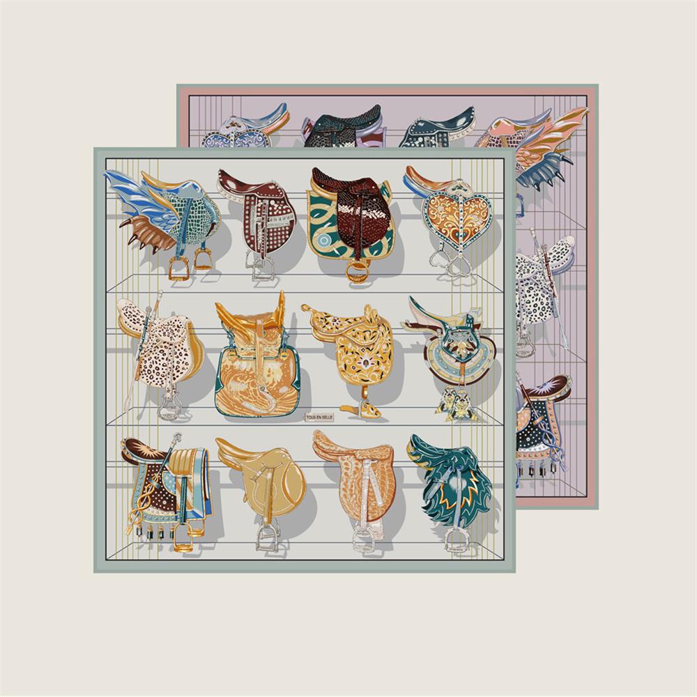 POBING Curled Twill Silk Scarf Women Saddle World Double Side Printed Square Scarves Wraps Echarpes Foulards Femme Hijab 90CM