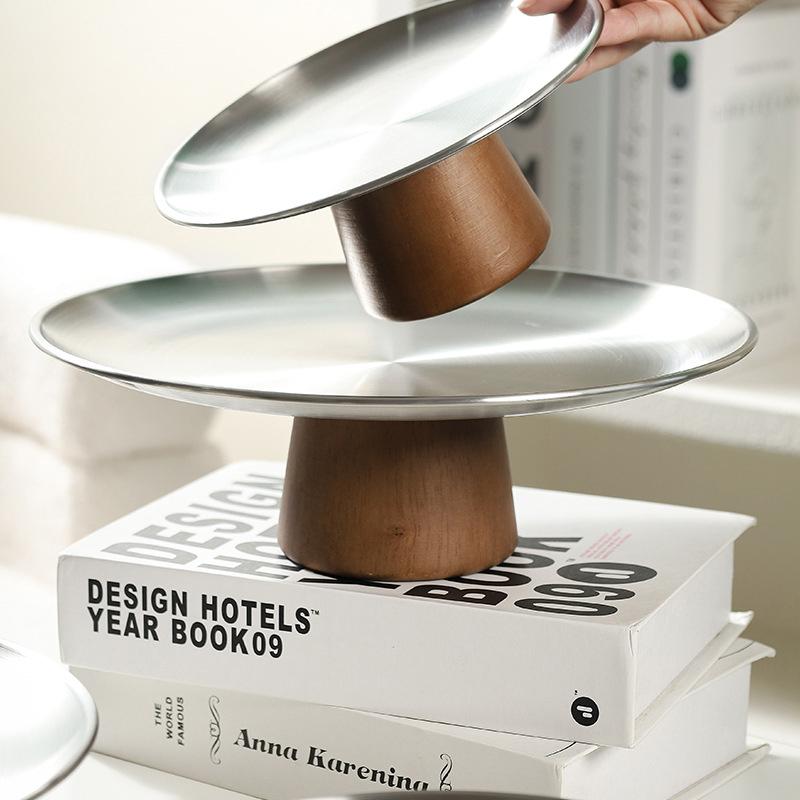 Kuchentablett aus Edelstahl mit Holzsockel, Obstteller, Dessertteller, Esstisch, Heimdekoration, Ornamente