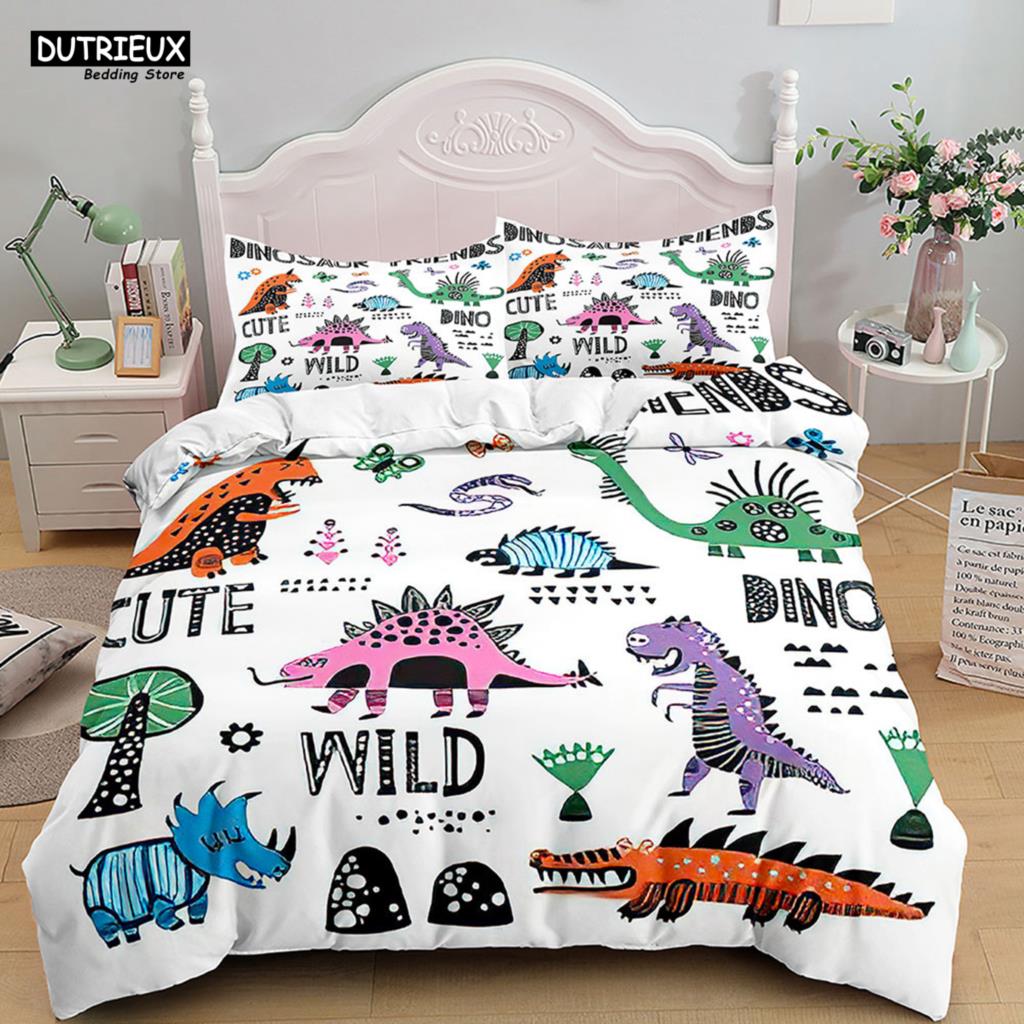 Cartoon Dinosaur Bedding Set White Soft Duvet Cover Animals Kids Boys Single Double Twin Queen King Size Duvet Cover Set