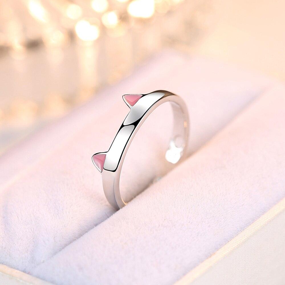 New 925 Sterling Silver Women Ring Fashion Cute Pet Pink Cat Ear Paw Adjustable Rings Jewelry Anniversary Gift