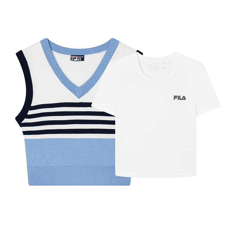 FILA Original Casual Comfortable Striped Simple Versatile T-Shirt Women tops Sky-Blue F11W439109FBU