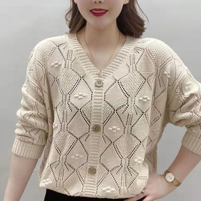 Suéter de punto de color sólido fino con cuello en V y manga larga para mujer, suéter holgado y adelgazante para primavera y verano