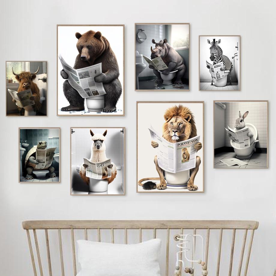 Lion Rabbit Bear Sitting On The Toilet Reading A Newspaper Posters And Print Wall Art Canvas Painting Funny Bathroom Humor Decor