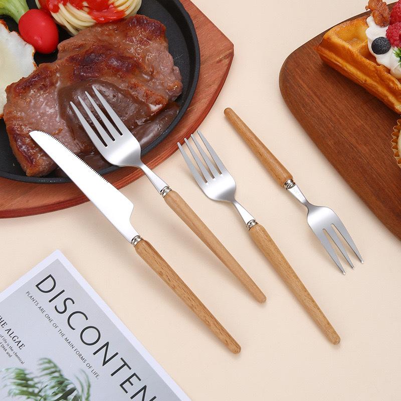 Wooden handle stainless steel knife and fork spoon Western food steak knife 304 stainless steel tableware spoon Fruit dessert fork