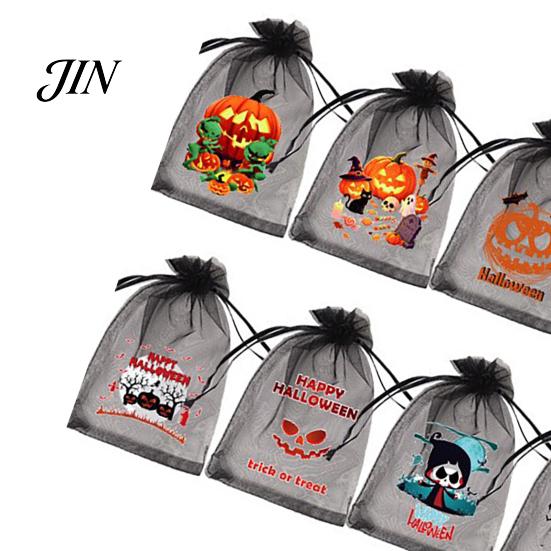 Halloween Candy Bag 12 Pcs Organza Bag, Drawstring Treat Pouch with Pumpkin Ghost Bat Party Favor Print, Sheer for Snacks, Trick or Gift Packaging