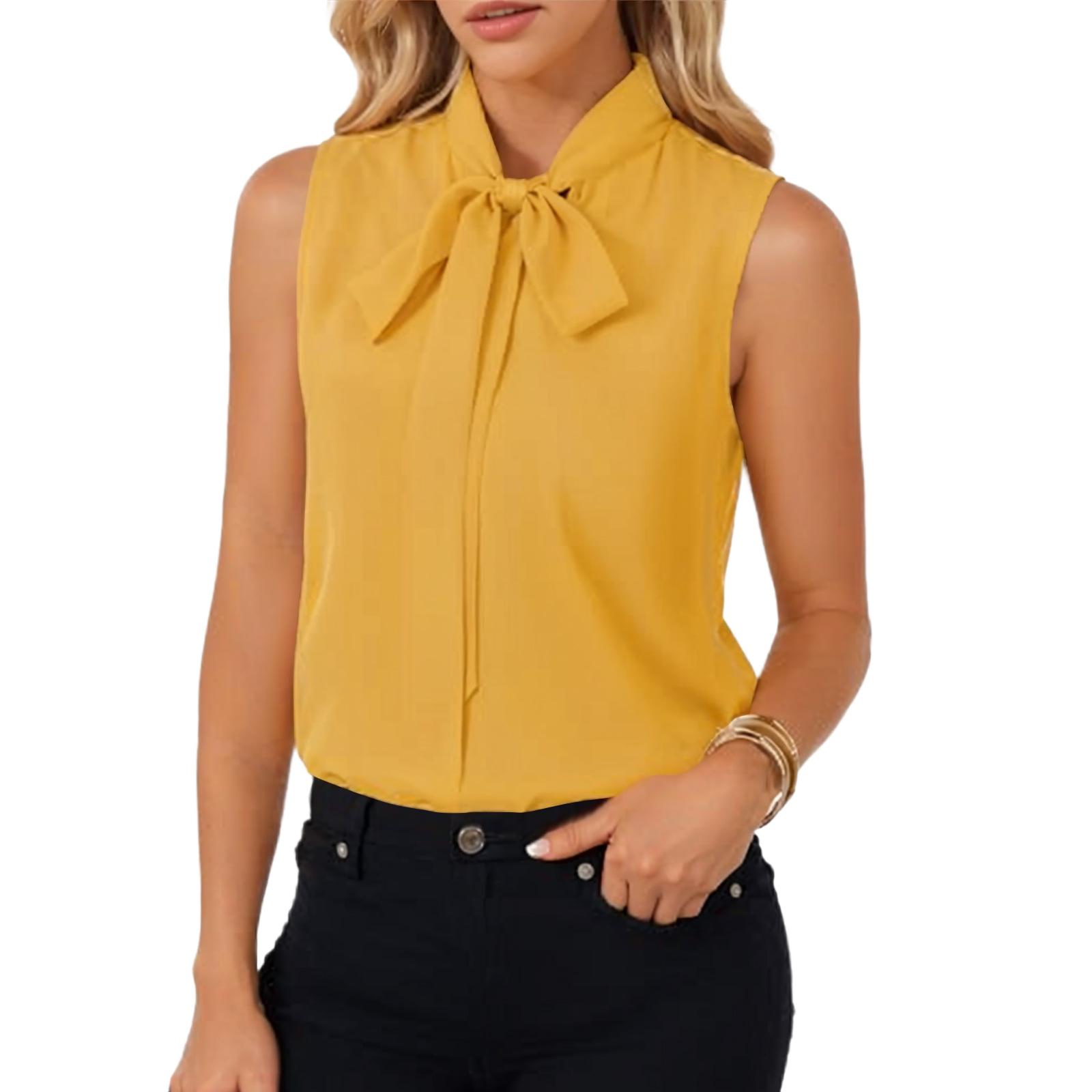 

Women s Fashion Elegant Bow Neck Sleeveless Blouse Shirt Top XXL жовтий