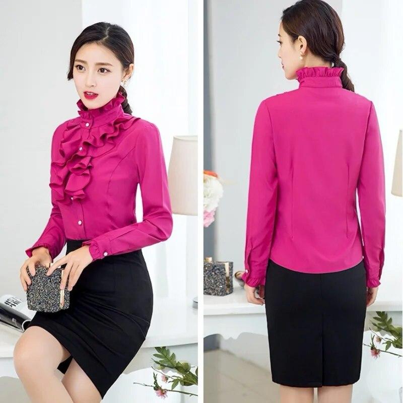 Spring Autumn New Stand Collar Ruffle Long Sleeve Blouse Women's Korean Professional Bottoming Shirt Solid Color Chiffon Shirt