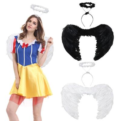 Feather Wings And Halo Set Halloween Fancy Dress Ladies Dark Angel Costume