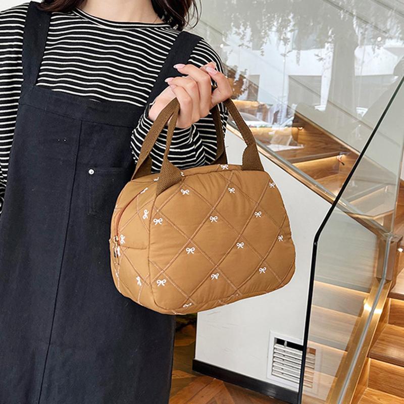 Stitching Embroidery Butterfly Knot Handbag Simple Style Soft Cotton Commuter Lunch Box Bag Student Handheld Bag Pouch