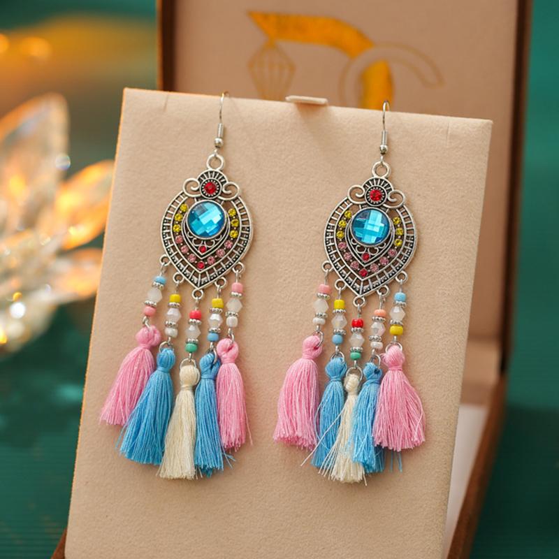 

Classic Ethnic Crystal Tassel Earrings for Women Vintage Palace Style Rhinestone Silver Color Alloy Handmade Earring Jewelry