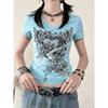 Y2k Aesthetic Vintage Flower Wing Printing T-Shirt Grunge Gothic Women Crop Top Summer Slim Harajuku V-neck Tee Femme Streetwear