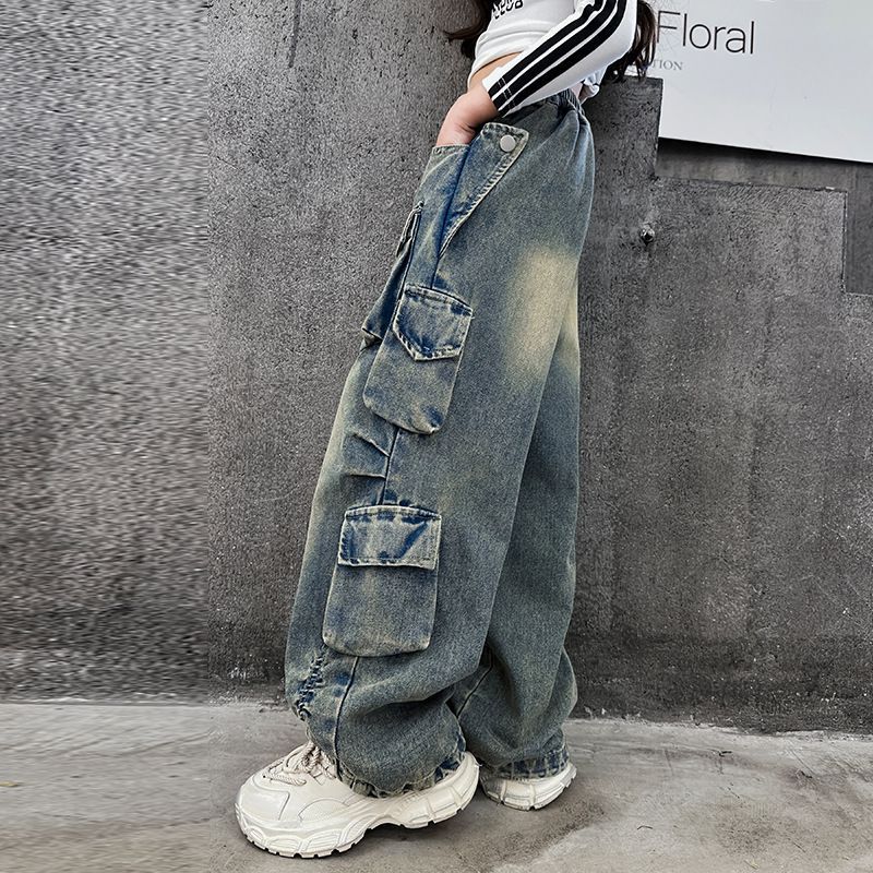 Cargo Jeans for Girls Spring Loose Casual Elastic Waist Teenage Children Wide Leg Pants Design Streetwear Kids Trousers