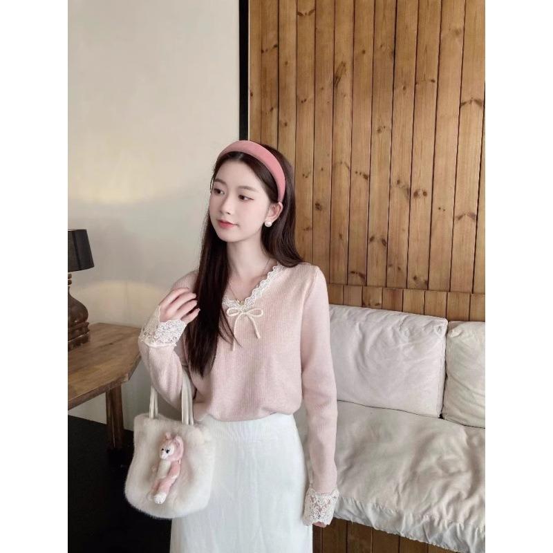 Pink bow-tied bottoming shirt top women's winter inner lace collar design knitted sweater