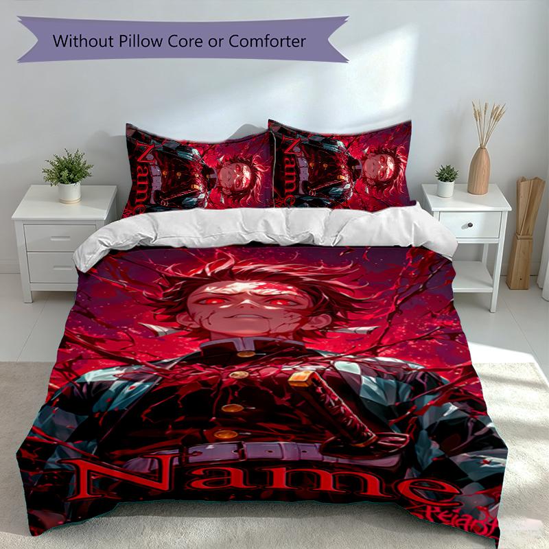 3pcs Custom Name Demon Slayer Tanjiro Set,Includes 1 Duvet Cover and 2 Pillowcases,All-season Bedroom Decor