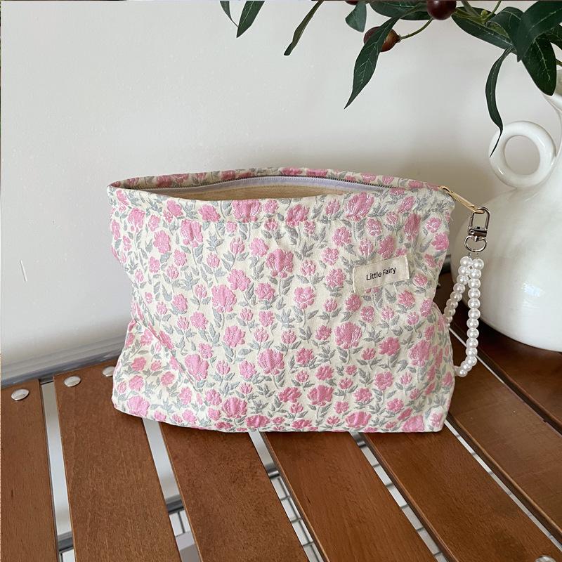 Pink Floral Makeup Bag: Women's Portable, Large Capacity, Small Size Travel Toiletry and Skincare Storage Bag