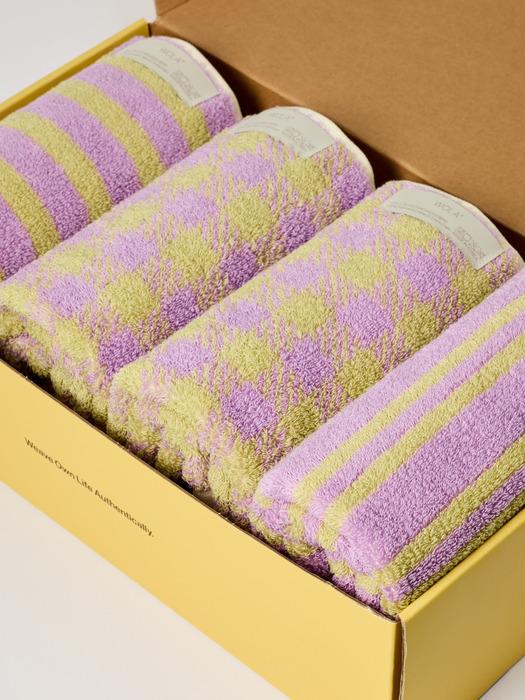 WOLA 4P 40-count towel set 210g Lavender Olive Stripe 1P + Gingham 2P + Cross 1P