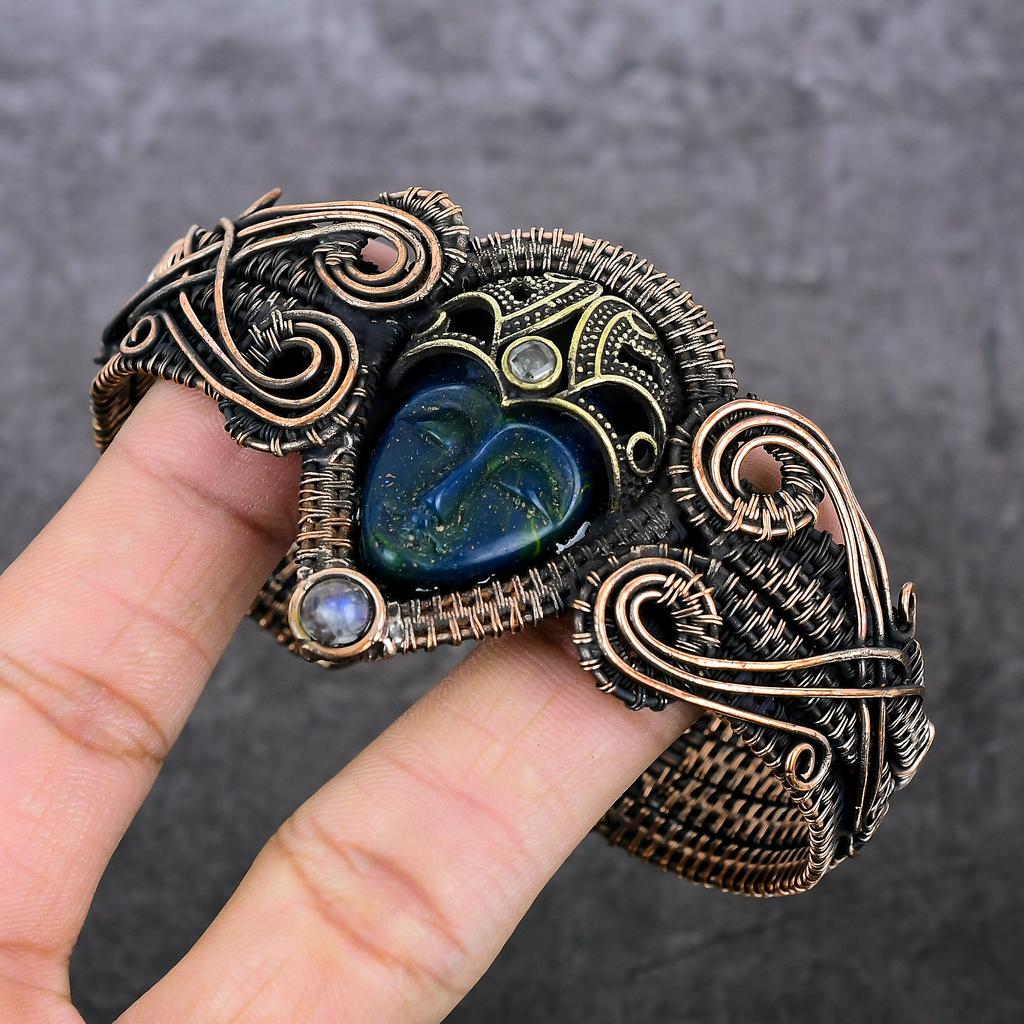 Cameo, Moonstone Handmade Copper Wire Wrap Cuff Bangle Adjustable Z1j73