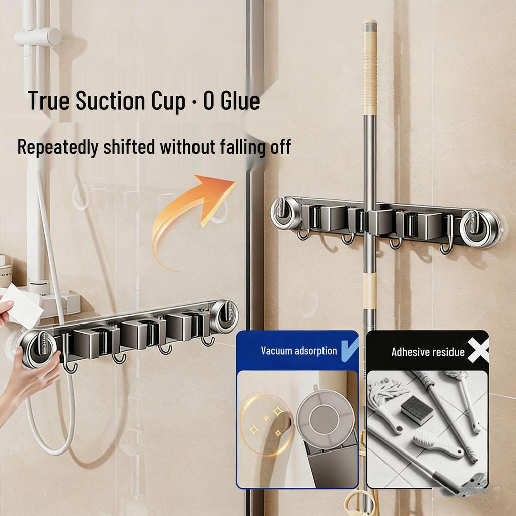Movable Suction Cup Mop Clip Wall-Mount Storage Rack