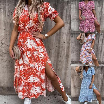 Summer Floral Print Dress Women V Neck Side Slit Long Dress Elegant Short Sleeve Button Slim Spring Female Party Dress
