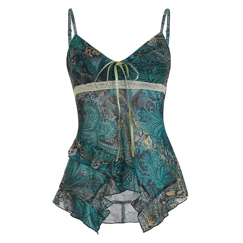 

Vintage Retro Print Color-Blocking Sexy Hot Girl Mesh Camisole Top with Waist-Cinching Design and Irregular Cut-Out Vest for Women Green S