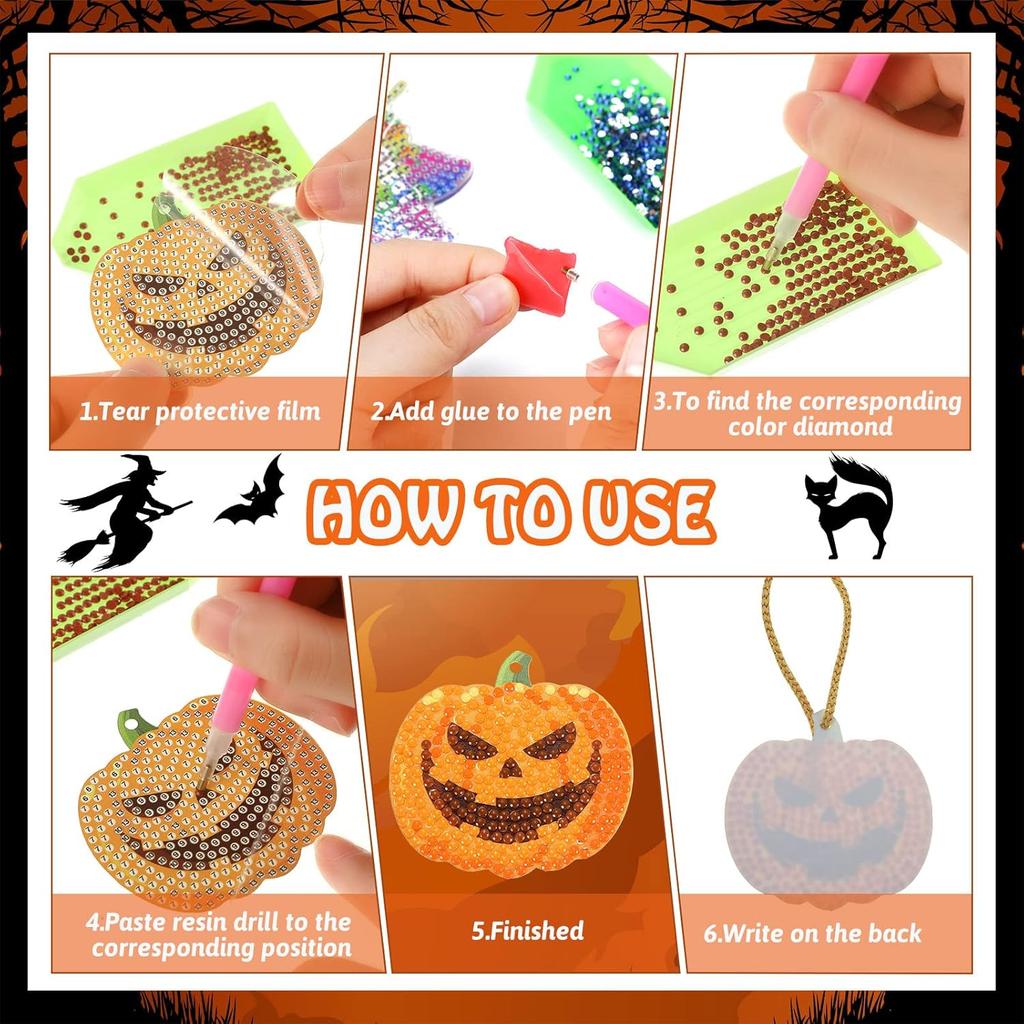 Jetec 20 Stück Halloween Diamond Painting Anhänger 5d DIY Diamond Painting Set Totenkopf Geist Kürbis Fledermaus Anhänger Hängende Ornamente für DIY Basteln Halloween Party