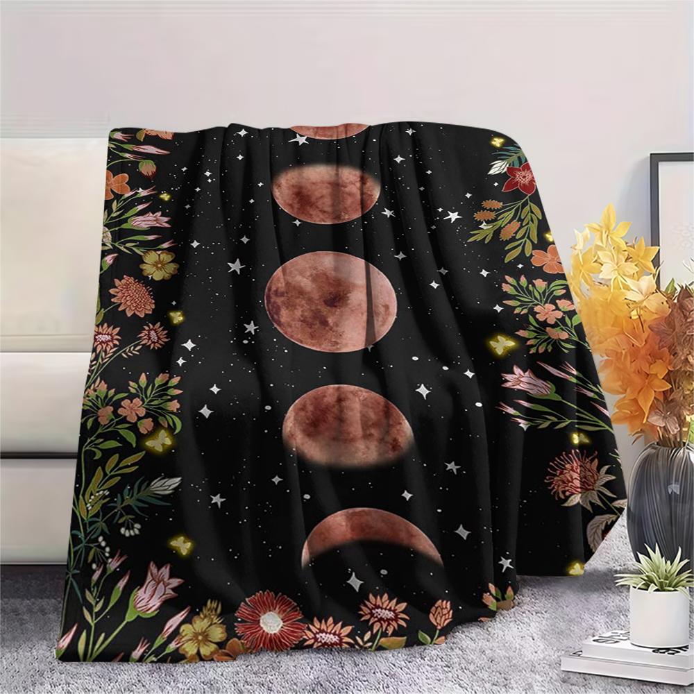 1Pc Floral Moon Print Flannel Blanket, High Quality Comfortable for All Seasons, Home Decor, Warmth and Comfort, Perfect for Gifts