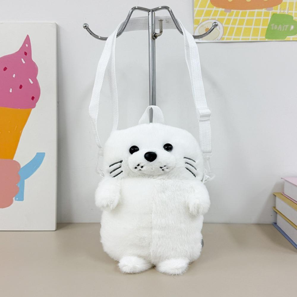 Soft Fluffy Cute Seal Shoulder Bag Cartoon Adjustable Straps Phone Bag Lightweight Fabric Crossbody Bag Women's Accessories
