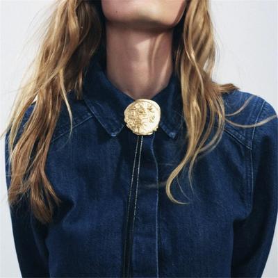 Tooxika Cowboy Style Simple Design Round Embossed Flower Bow Tie Necklace Long Leather Cord Adjustable Necklace