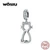WOSTU Sweet Cat Animal Dangle Charm 925 Sterling Silver Zircon Beads Fit Original DIY Bracelet Silver 925 Jewelry Making CQC11622