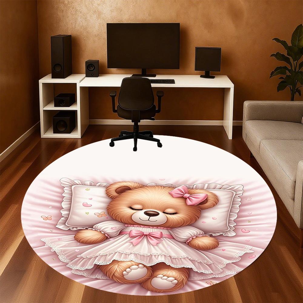 1PC Teddy Bear Pink Dress Sleep Round Chair Mat Area Rug - Non-Slip, Floor Mat for Office, Bedroom, Home Decor Christmas Gift C0528108