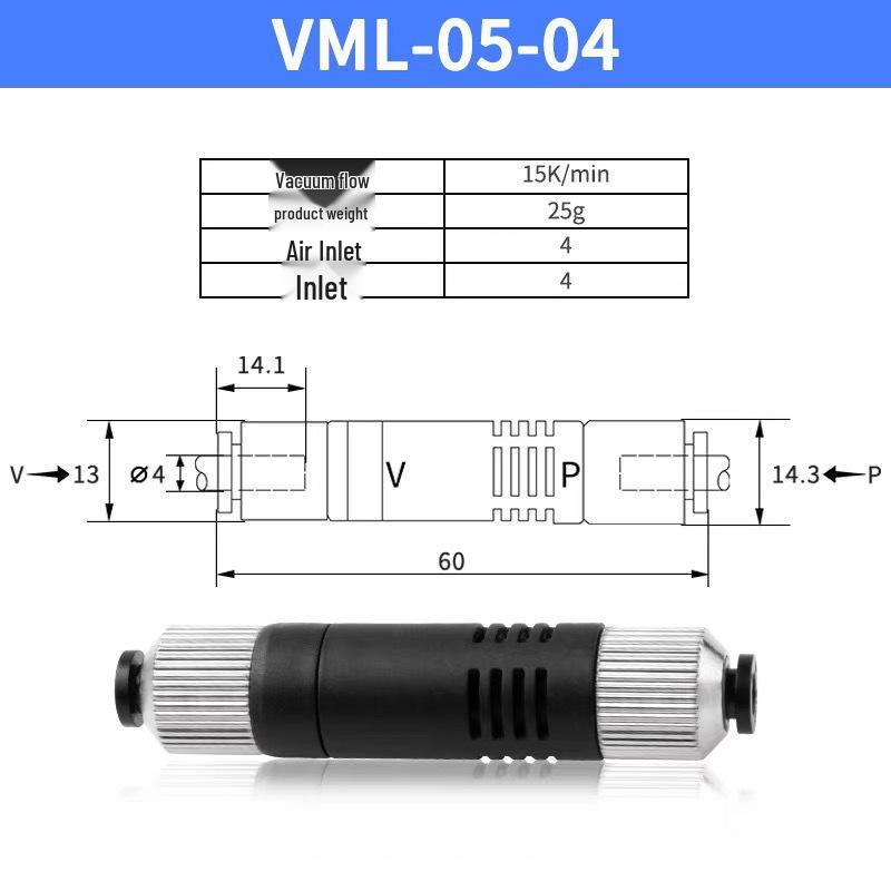 Kompakter Inline-Vakuumgenerator VML, Durchgang mit hoher Saugkraft, Unterdruckschlauch ZU Push-In Modell
