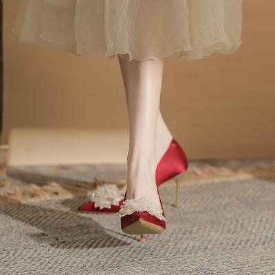 Scarpe da donna matrimonio tacchi alti piedi non stanchi scarpe con fiore paillettes seta tacco a spillo scarpe da donna versatili a punta scarpe singole
