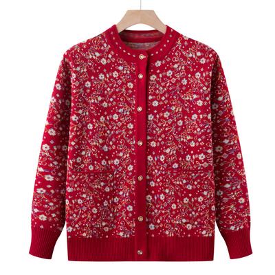 Mama Nosi Modny Sweter-Żakiet Nowy Styl Babcia Nosi Kwiecisty Dzianinowy Kardigan Panie w Średnim Wieku Wysokiej Klasy Kardigan Top