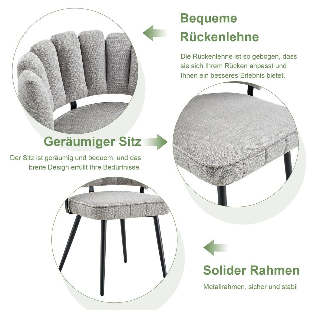 Tisch- und Stuhlset. Runder Esstisch 107 cm in Nussbaumoptik mit doppelter Ablagefläche + 2 graue Stoffstühle mit blumenförmiger Rückenlehne.