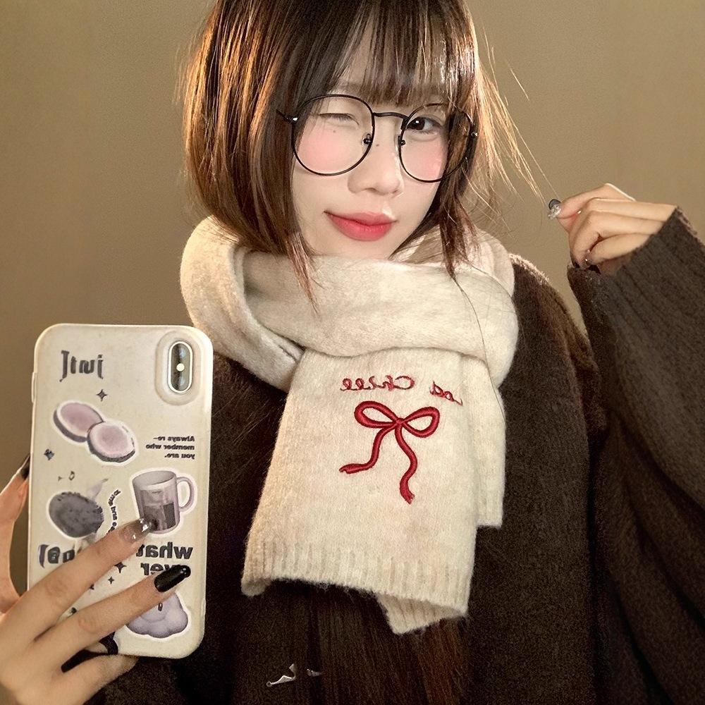 Scarf Women's New Autumn and Winter Japanese Cute Retro English Bow Warm Wool Knitted Scarf Tide