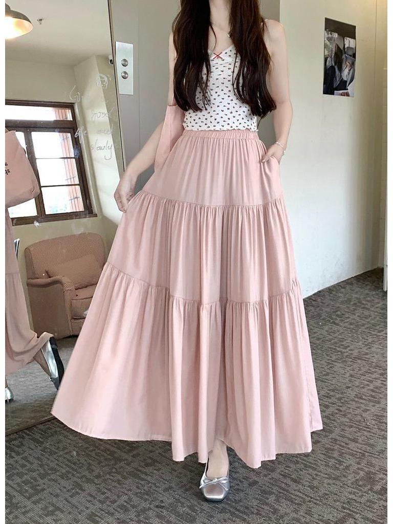 Sweet Petite Slimming Pleated Long Skirt: Lined, Layered, Solid Color, Waist-Cinching Half-Skirt for Women