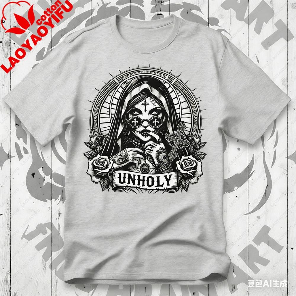 Unholy Nun T-Shirt Gothic Satan Baphomet Halloween Shirt Vintage Ästhetik Kleidung Grafik T-Shirts Y2k Oberteil Hohe Qualität Baumwolle