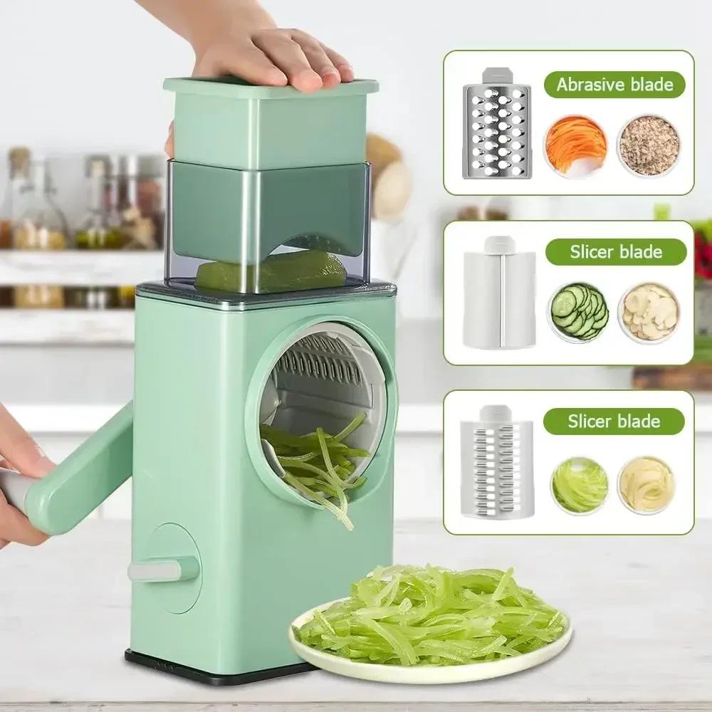 Kitchen Vegetable Chopper with 3 Sharp Drums Machine Rotary Hand Cranked Shredder Vegetable Cheese Slicer Household Kitchen Tool