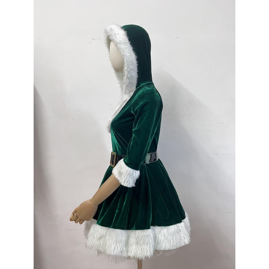 Χριστουγεννιάτικο Σετ Καρναβαλικής Στολής Άγιου Βασίλη Γυναικείο, Με Κουκούλα και Λαιμόκοψη V (Κόκκινο/Πράσινο), Σέξι Πικάντικο Κορίτσι Εορταστικό Φόρεμα με Ζώνη