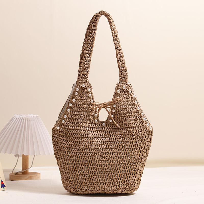 

Casual Handmade Paper Rope Woven Bag Fashion Imitation Pearl Grass Bag Women Large Capacity Shoulder Bag Vacation Handbag